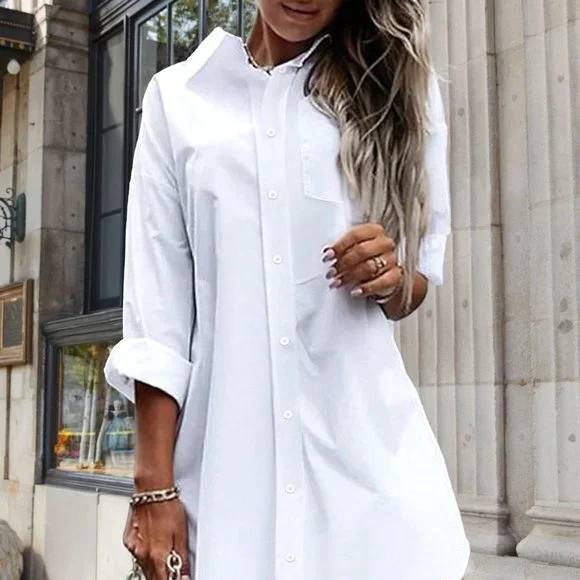 White Casual Womens Solid Button Front High Low Hem Dress - Picture 5 of 5